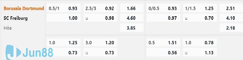 Tỷ lệ kèo nhà cái đưa ra trận Borussia Dortmund vs SC Freiburg